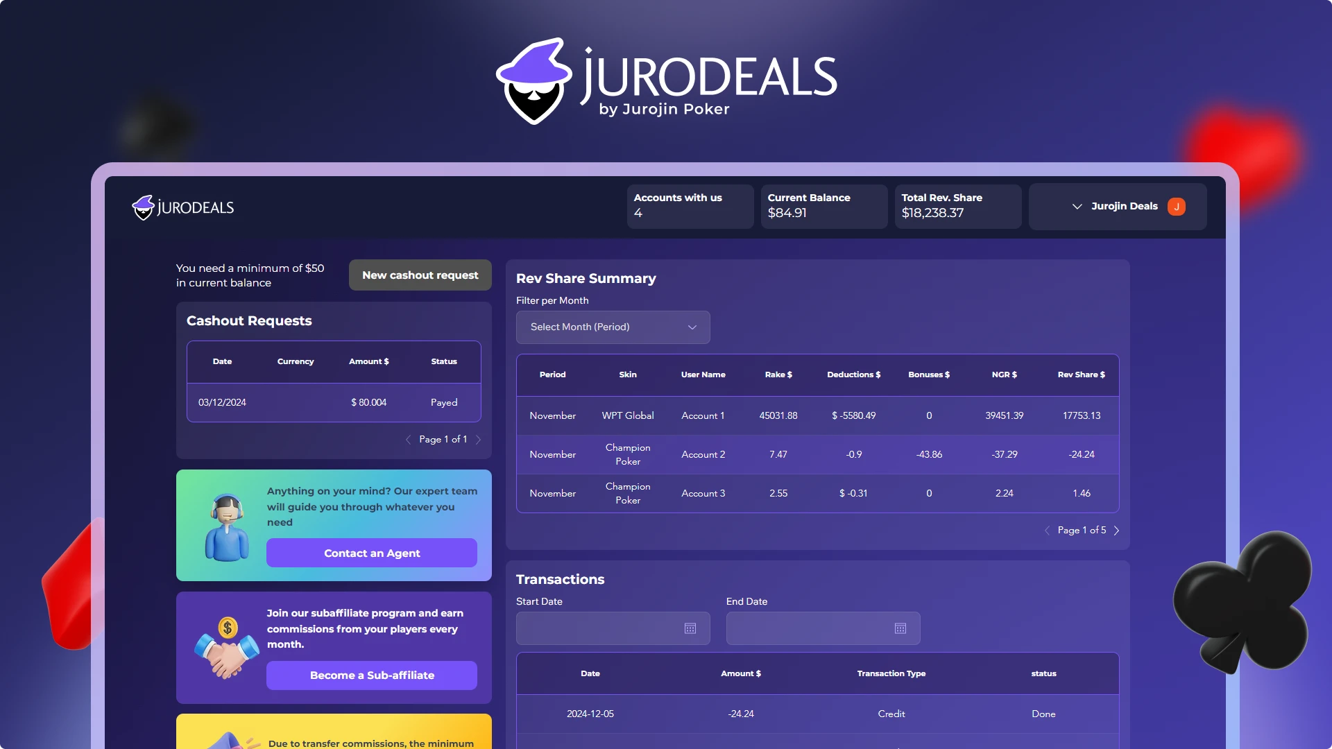 Manage your Poker RevShare Deals from an All in One web panel.